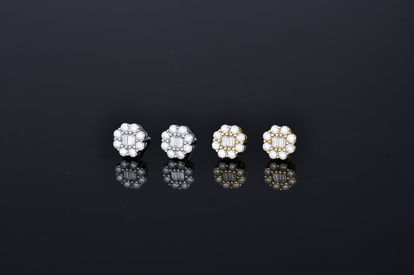 Double Baguette  Flower Shape Halo Moissanite Earrings 14K Gold Plated/ Real Silver 925 - 8MM | PASS DIAMOND TESTER!!