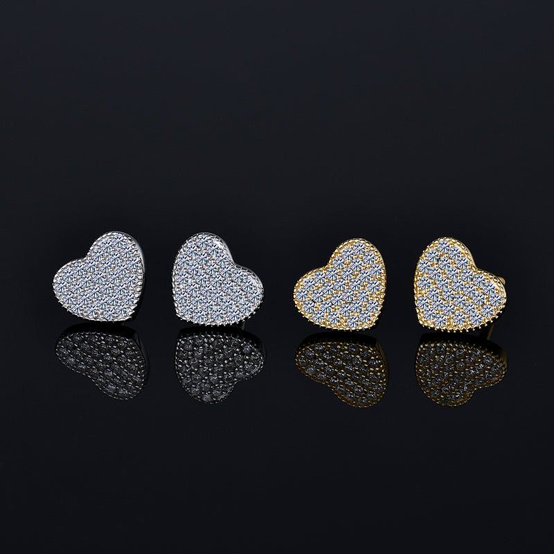 Moissanite Diamond VVS D Color 3D Heart Classic Iced Out Earrings 14K Gold Plated /Real Silver 925 9.5MM | PASS DIAMOND TESTER