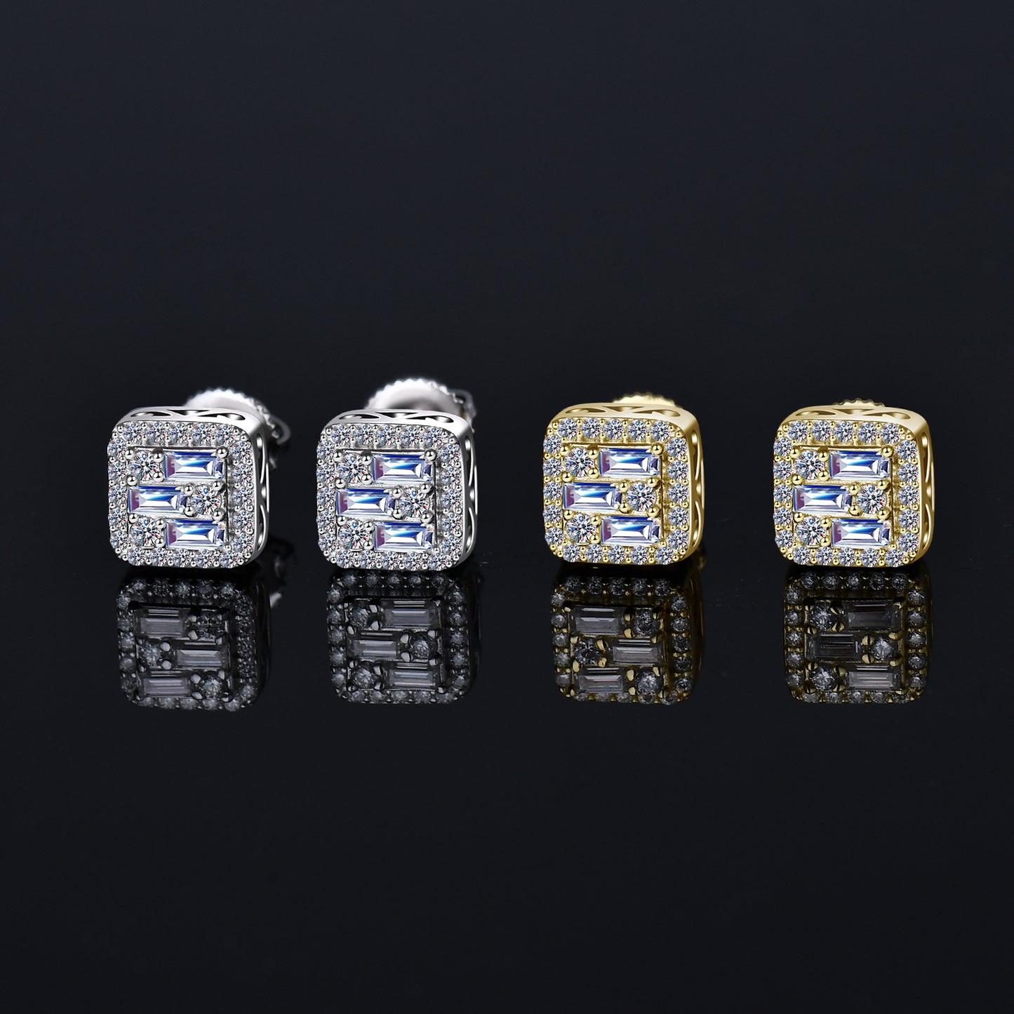 Moissanite Diamond VVS D Color Real Solid Sterling Silver 925 Triple Baguette Halo Moissanite Earrings 14K Gold Plated /Real Silver 925 7.5MM | PASS DIAMOND TESTER