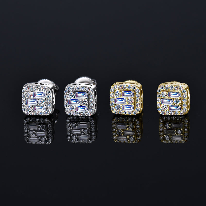 Moissanite Diamond Triple Baguette Halo Earrings 7.5mm 1 Carat 14K Gold Plated