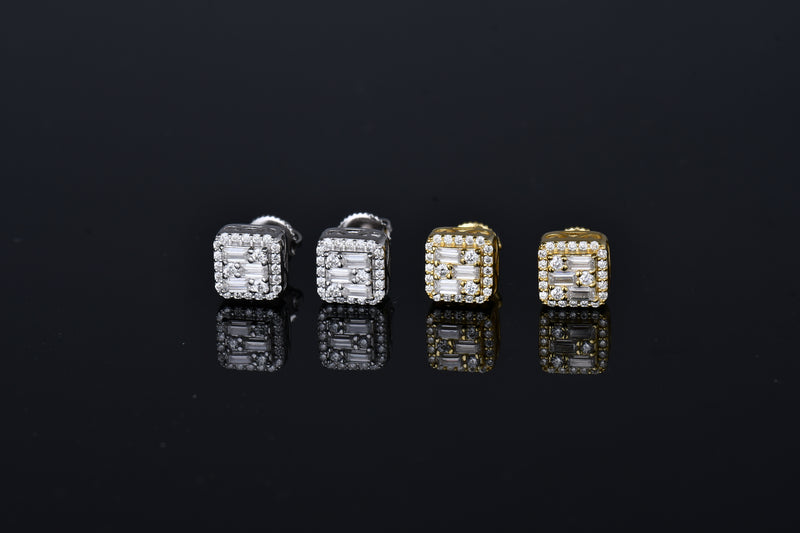 Moissanite Diamond Triple Baguette Halo Earrings 7.5mm 1 Carat 14K Gold Plated