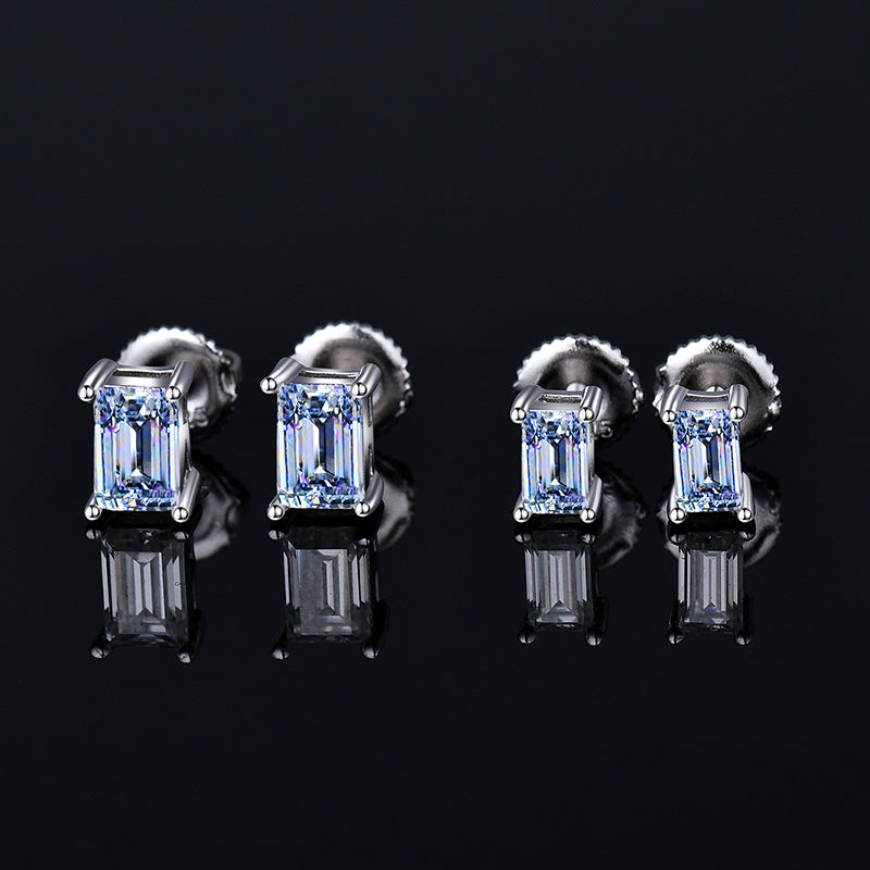 Moissanite Diamond VVS D Color Real Solid Sterling Silver 925 Emerald Cut Stud Earrings | 5MM - 6MM | PASS DIAMOND TESTER