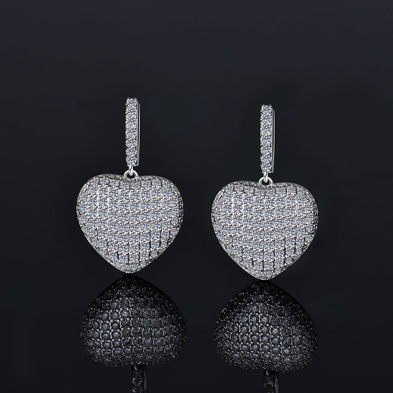 Moissanite Diamond VVS D Color Real Solid Sterling Silver 925  |  Heart Drop Moissanite Earrings  17MM | PASS DIAMOND TESTER !