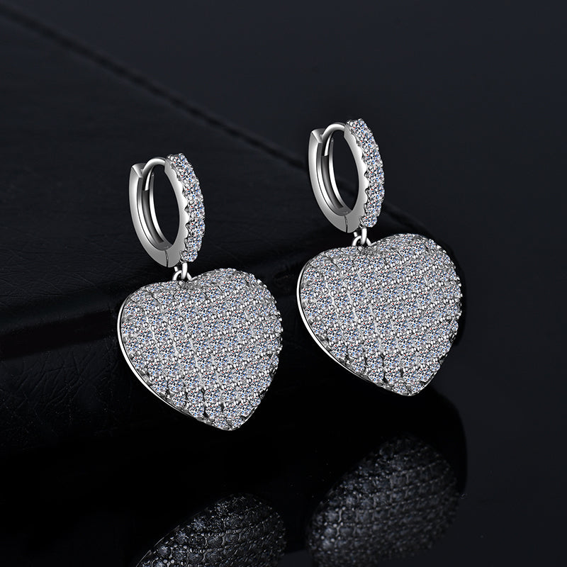 Moissanite Diamond VVS D Color Real Solid Sterling Silver 925  |  Heart Drop Moissanite Earrings  17MM | PASS DIAMOND TESTER !