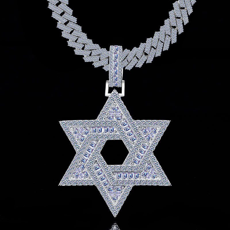 Six Pointer David Star Baguettes 3D Style Moissanite Diamond VVS D Color Pendant |925 Silver | PASS DIAMOND TESTER!!!