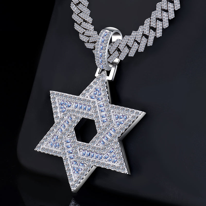 Six Pointer David Star Baguettes 3D Style Moissanite Diamond VVS D Color Pendant |925 Silver | PASS DIAMOND TESTER!!!