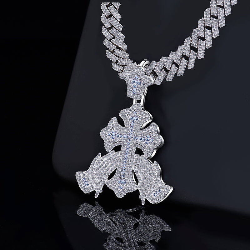 Hip Hop Cross Praying hand Moissanite Diamond VVS D Color   | 925 Silver | PASS DIAMOND TESTER!!!