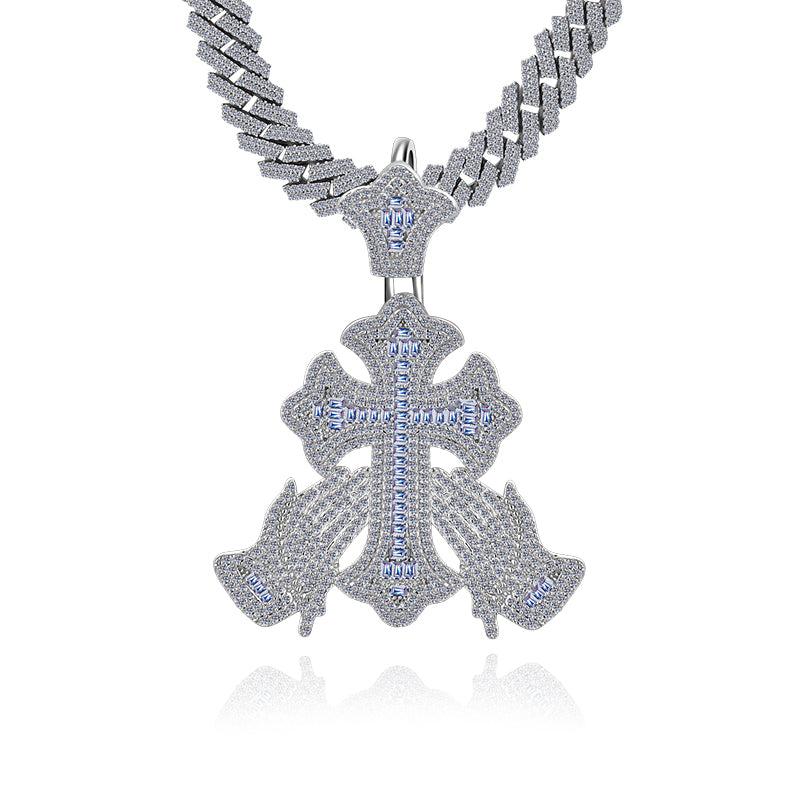 Hip Hop Cross Praying hand Moissanite Diamond VVS D Color   | 925 Silver | PASS DIAMOND TESTER!!!