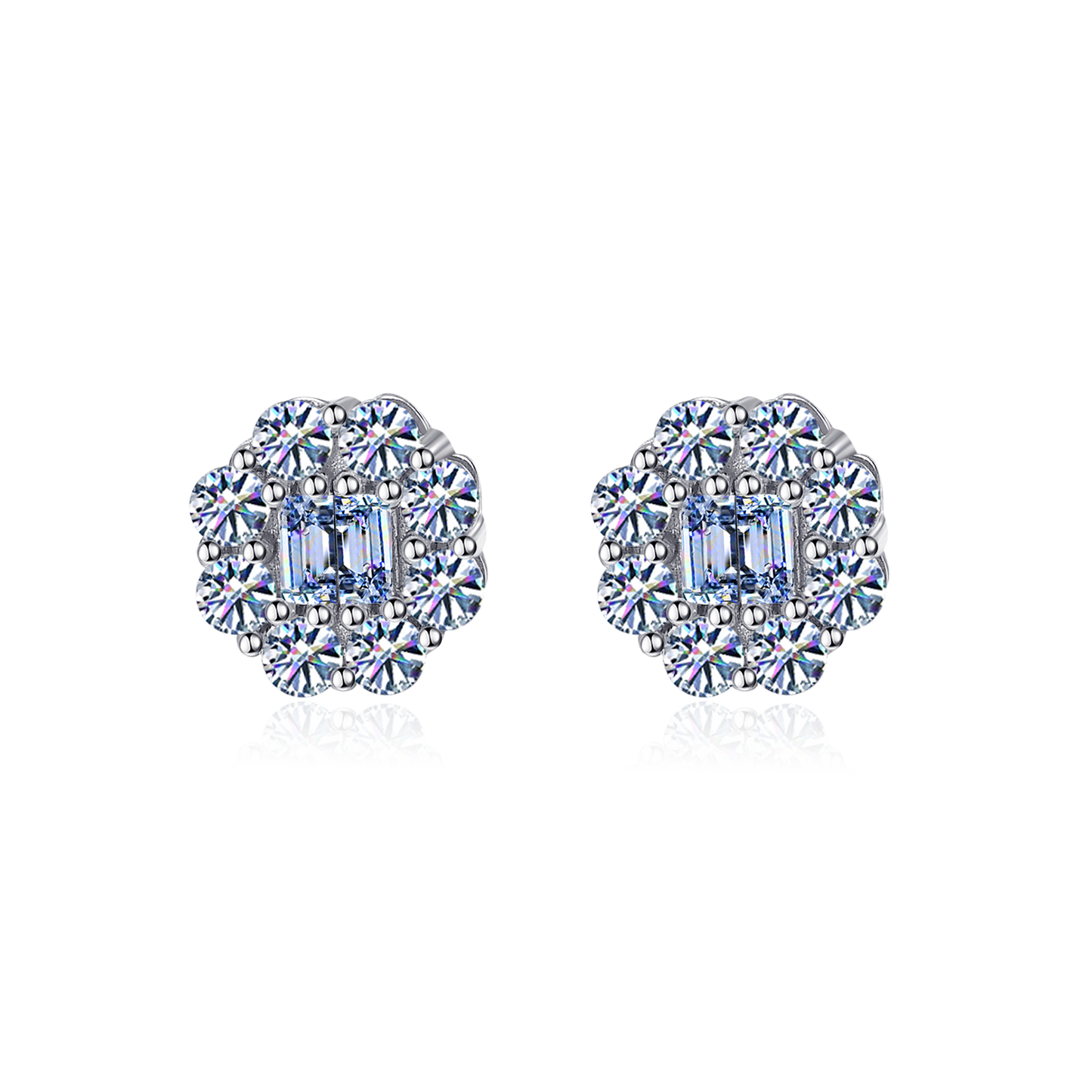 Double Baguette  Flower Shape Halo Moissanite Earrings 14K Gold Plated/ Real Silver 925 - 8MM | PASS DIAMOND TESTER!!