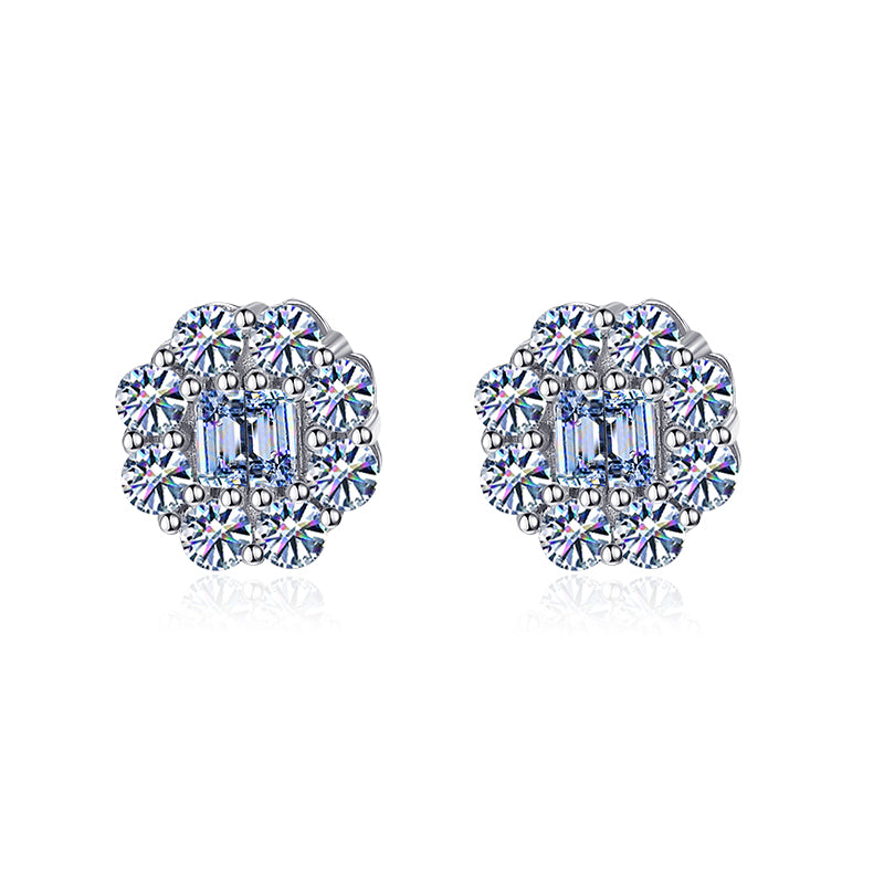 Double Baguette  Flower Shape Halo Moissanite Earrings 14K Gold Plated/ Real Silver 925 - 8MM | PASS DIAMOND TESTER!!