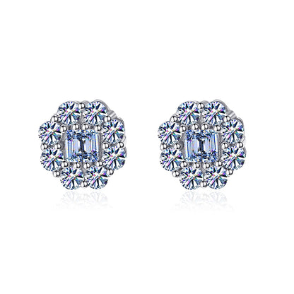 Double Baguette  Flower Shape Halo Moissanite Earrings 14K Gold Plated/ Real Silver 925 - 8MM | PASS DIAMOND TESTER!!