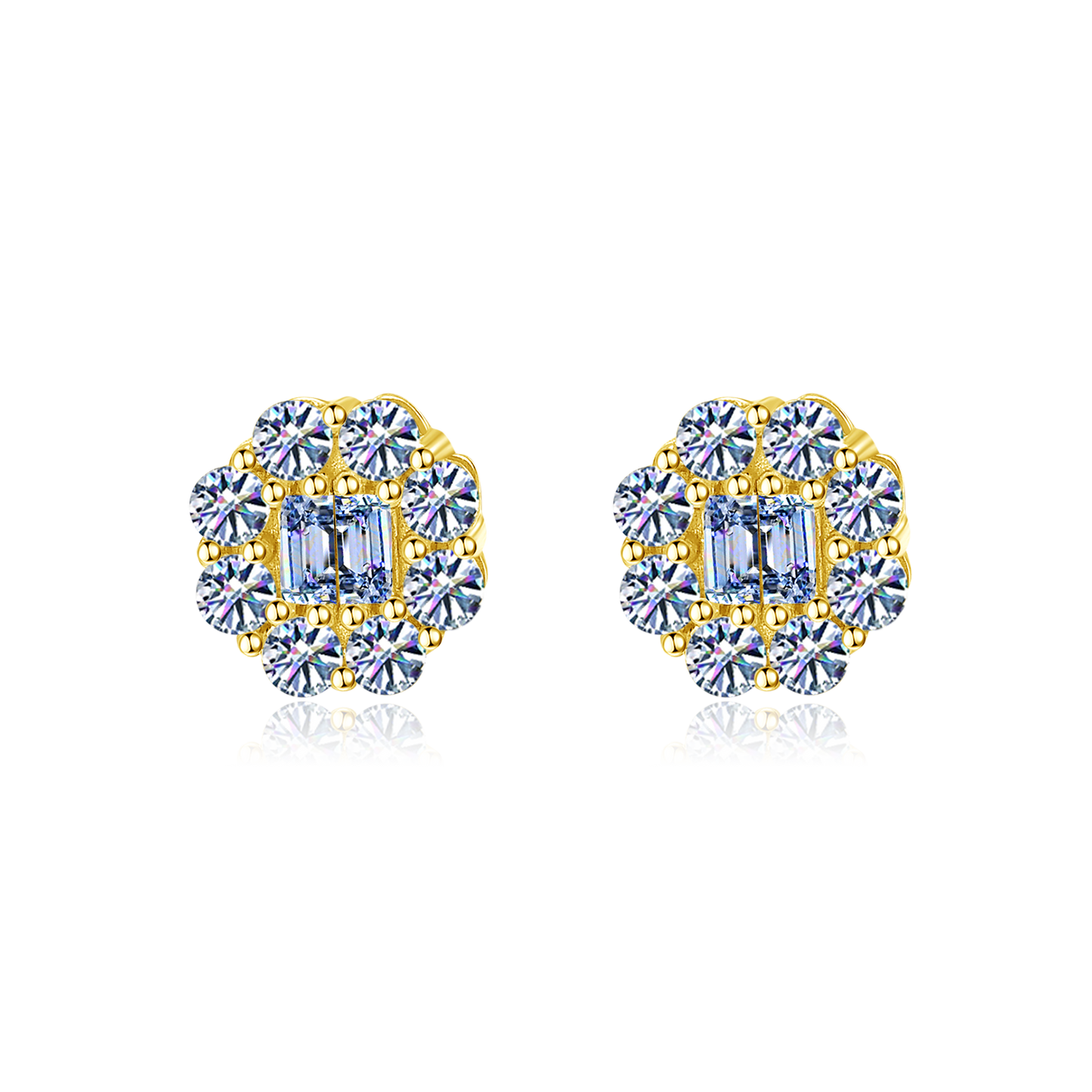Double Baguette  Flower Shape Halo Moissanite Earrings 14K Gold Plated/ Real Silver 925 - 8MM | PASS DIAMOND TESTER!!