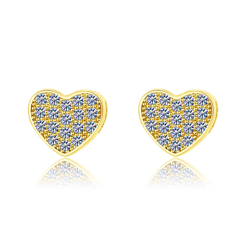 Moissanite Diamond VVS D Color Essence Pave Love Heart Earring 14K Gold Plated /Real Silver 925 7MM | PASS DIAMOND TESTER