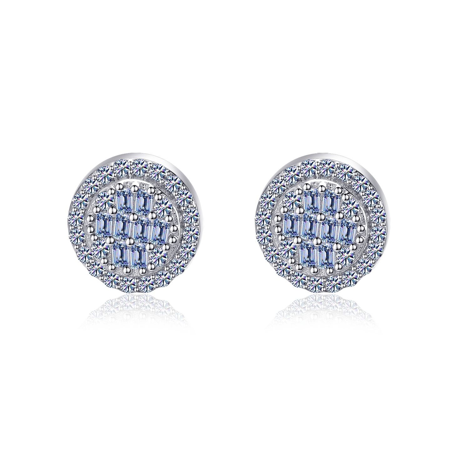  Moissanite Diamond VVS D Color Real Solid Sterling Silver 925 Round Baguette Bling Hip Hop Earrings 14K Gold Plated /Real Silver 925 7MM | PASS DIAMOND TESTER