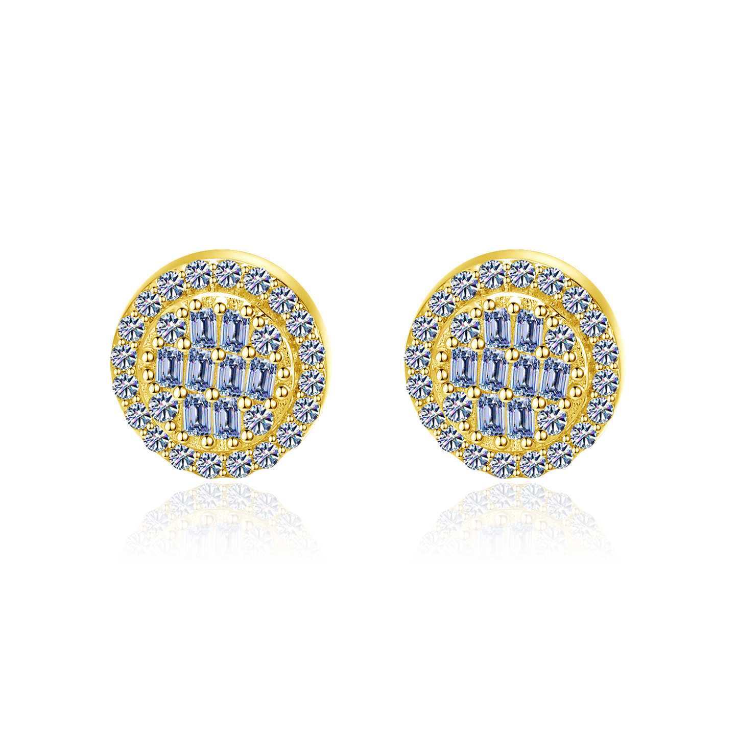  Moissanite Diamond VVS D Color Real Solid Sterling Silver 925 Round Baguette Bling Hip Hop Earrings 14K Gold Plated /Real Silver 925 7MM | PASS DIAMOND TESTER