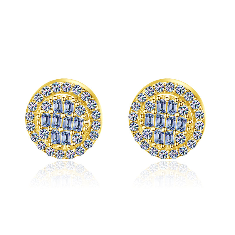  Moissanite Diamond VVS D Color Real Solid Sterling Silver 925 Round Baguette Bling Hip Hop Earrings 14K Gold Plated /Real Silver 925 7MM | PASS DIAMOND TESTER