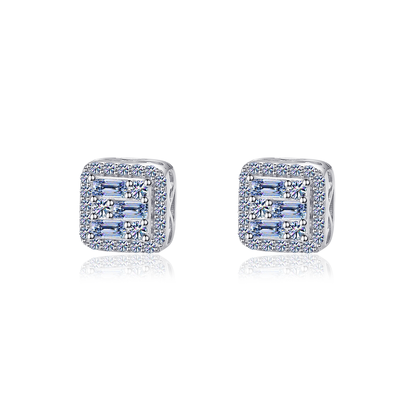 Moissanite Diamond VVS D Color Real Solid Sterling Silver 925 Triple Baguette Halo Moissanite Earrings 14K Gold Plated /Real Silver 925 7.5MM | PASS DIAMOND TESTER