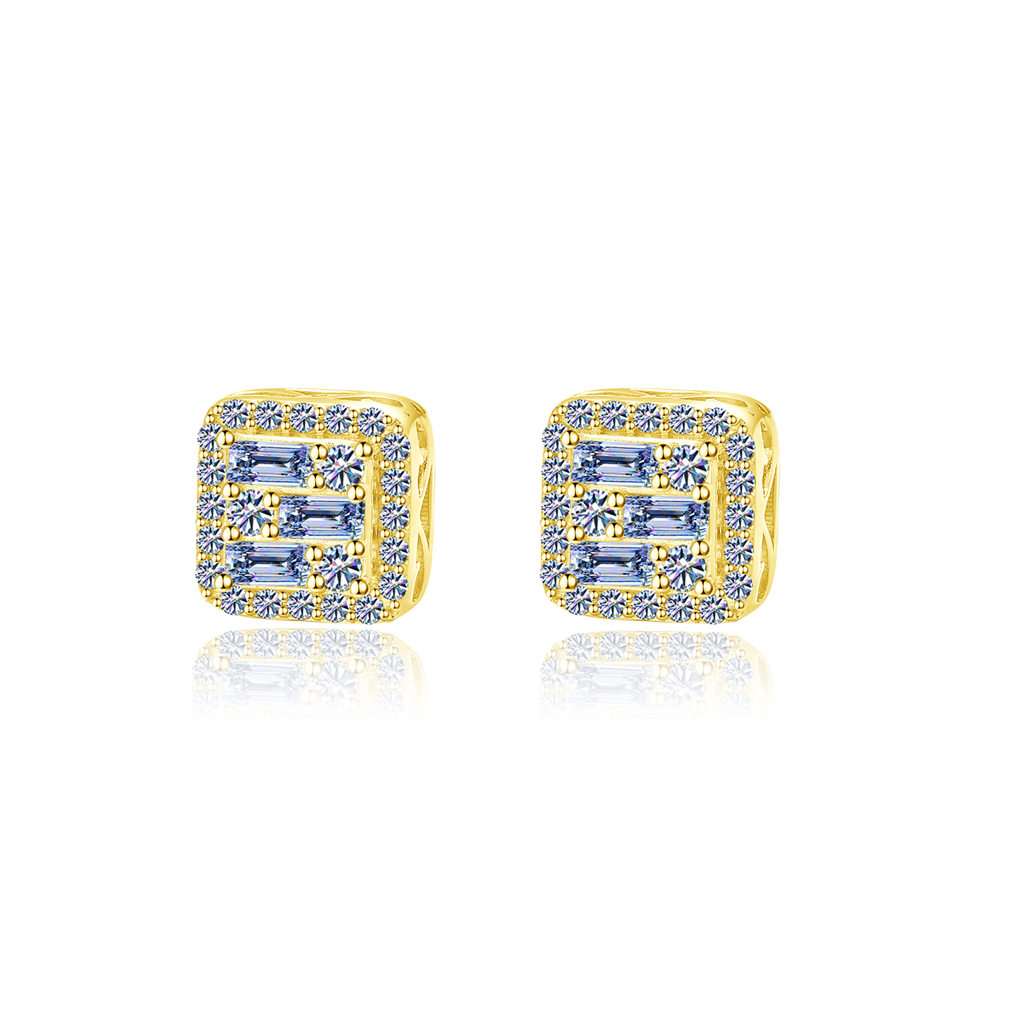 Moissanite Diamond VVS D Color Real Solid Sterling Silver 925 Triple Baguette Halo Moissanite Earrings 14K Gold Plated /Real Silver 925 7.5MM | PASS DIAMOND TESTER