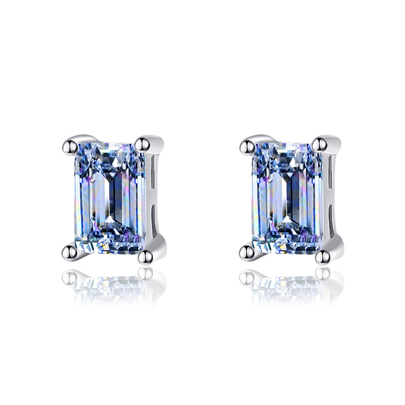 Moissanite Diamond VVS D Color Real Solid Sterling Silver 925 Emerald Cut Stud Earrings | 5MM - 6MM | PASS DIAMOND TESTER