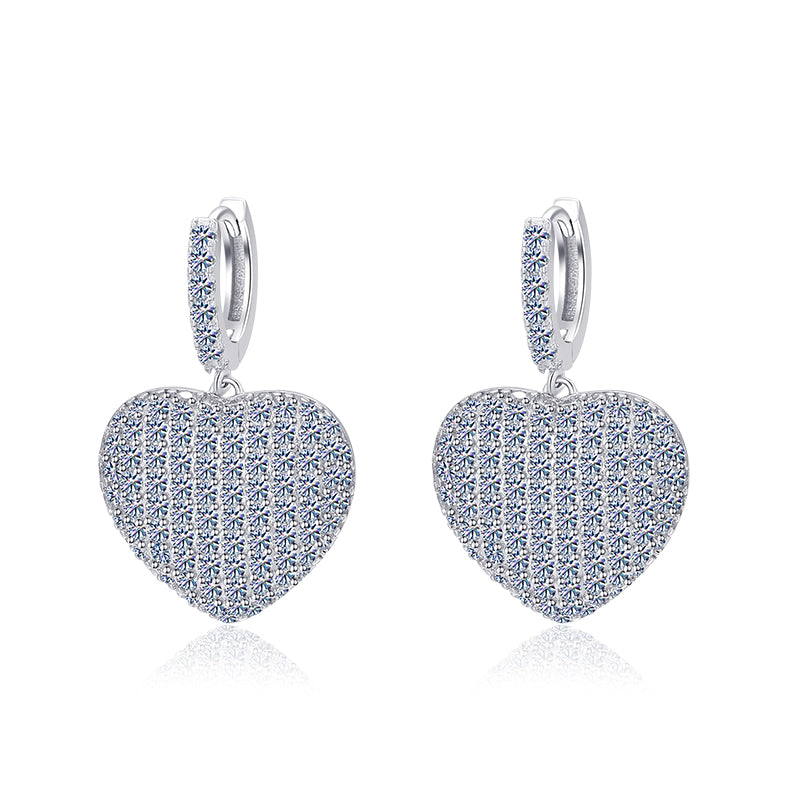 Moissanite Diamond VVS D Color Real Solid Sterling Silver 925  |  Heart Drop Moissanite Earrings  17MM | PASS DIAMOND TESTER !