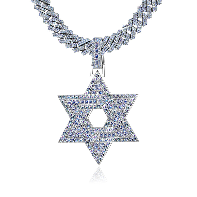 Six Pointer David Star Baguettes 3D Style Moissanite Diamond VVS D Color Pendant |925 Silver | PASS DIAMOND TESTER!!!