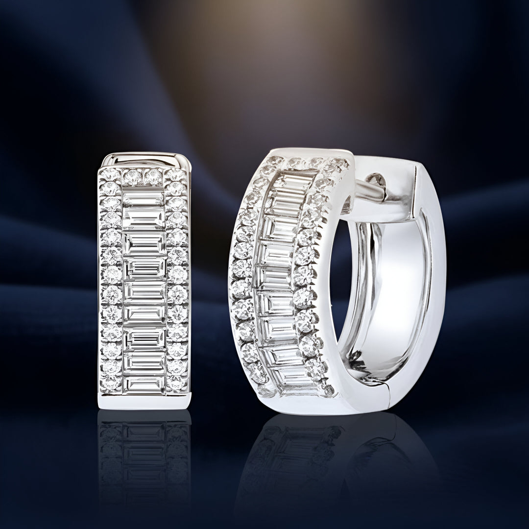 Moissanite Diamond VVS D Color Real Solid Sterling Silver 925 Baguette & Round Triple Row Hoop Earrings 925 Silver/ 14k Gold Plated | PASS DIAMOND TESTER| 14mm