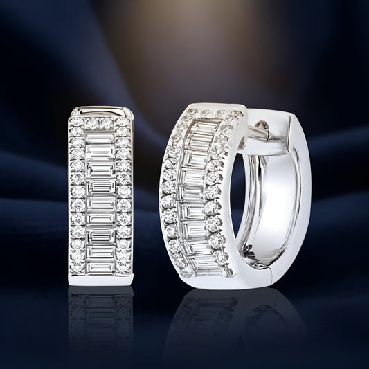 Moissanite Diamond VVS D Color Real Solid Sterling Silver 925 Baguette & Round Triple Row Hoop Earrings 925 Silver/ 14k Gold Plated | PASS DIAMOND TESTER| 14mm