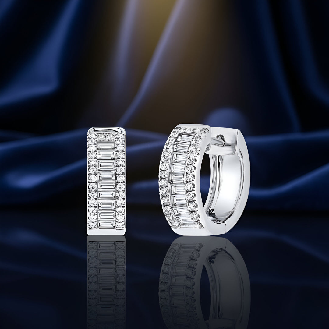 Moissanite Diamond VVS D Color Real Solid Sterling Silver 925 Baguette & Round Triple Row Hoop Earrings 925 Silver/ 14k Gold Plated | PASS DIAMOND TESTER| 14mm