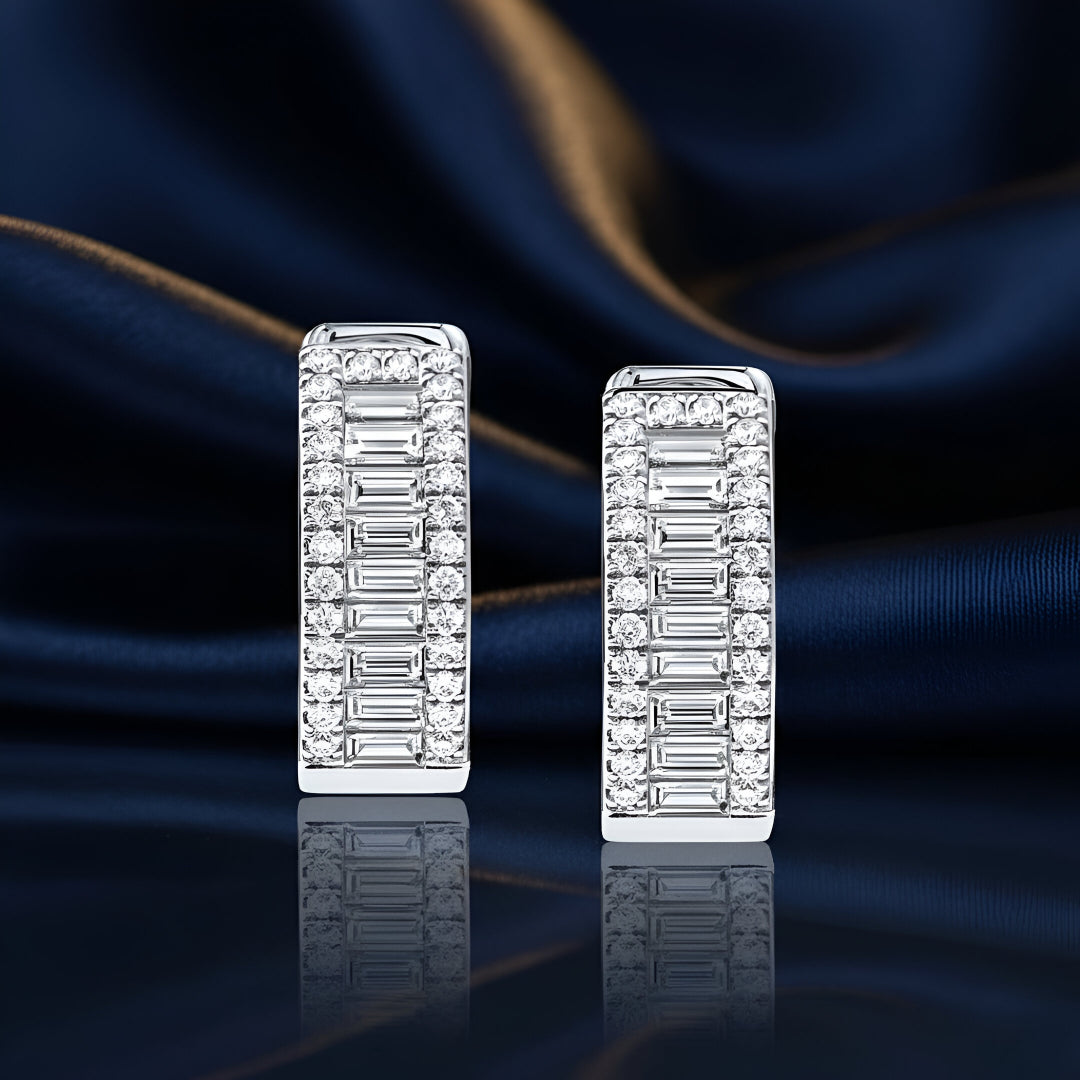 Moissanite Diamond VVS D Color Real Solid Sterling Silver 925 Baguette & Round Triple Row Hoop Earrings 925 Silver/ 14k Gold Plated | PASS DIAMOND TESTER| 14mm