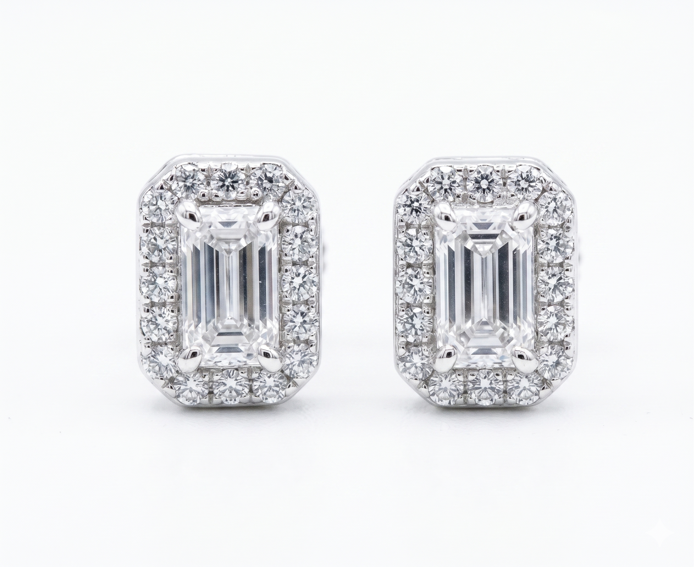Moissanite emerald cut halo stud earrings 8MM VVS D color GRA certified 925 sterling silver Atlanta