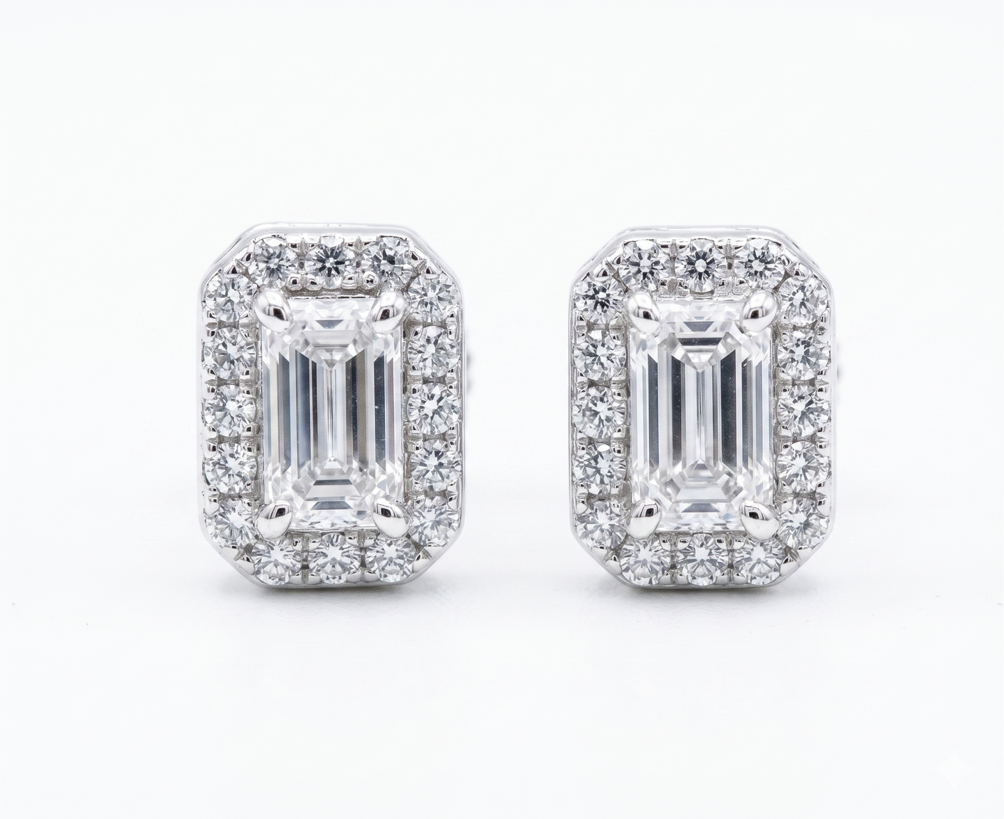 Moissanite emerald cut halo stud earrings 8MM VVS D color GRA certified 925 sterling silver Atlanta
