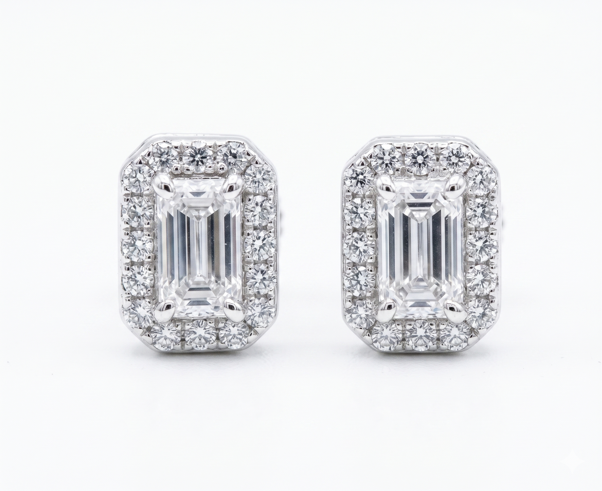 Moissanite emerald cut halo stud earrings 8MM VVS D color GRA certified 925 sterling silver Atlanta