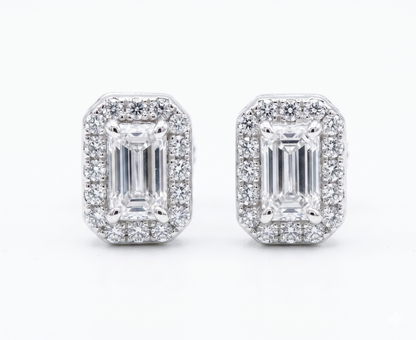 Moissanite emerald cut halo stud earrings 8MM VVS D color GRA certified 925 sterling silver Atlanta