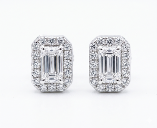 Moissanite emerald cut halo stud earrings 8MM VVS D color GRA certified 925 sterling silver Atlanta
