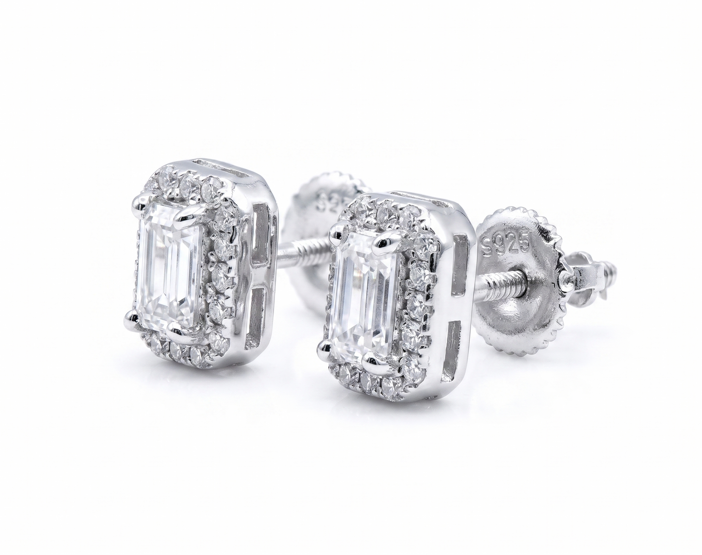 Moissanite Emerald Cut Halo Stud Earrings 8MM — VVS D Color GRA Certified 925 Sterling Silver