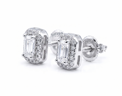Moissanite Emerald Cut Halo Stud Earrings 8MM — VVS D Color GRA Certified 925 Sterling Silver