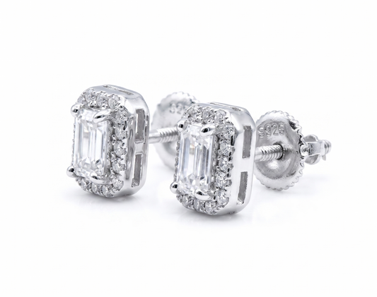 Moissanite Emerald Cut Halo Earrings 8MM