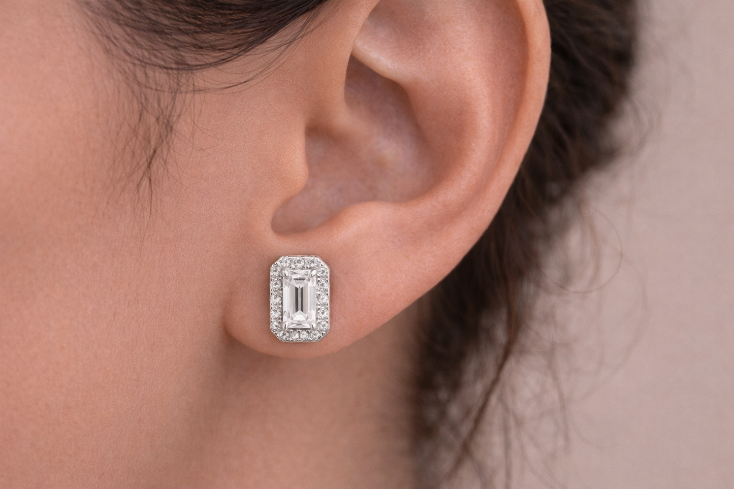 Moissanite Emerald Cut Halo Stud Earrings 8MM — VVS D Color GRA Certified 925 Sterling Silver