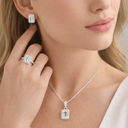 4 carat emerald cut halo moissanite 4-piece women's jewelry set VVS D color GRA certified 925 silver – Paradise Gems Atlanta
