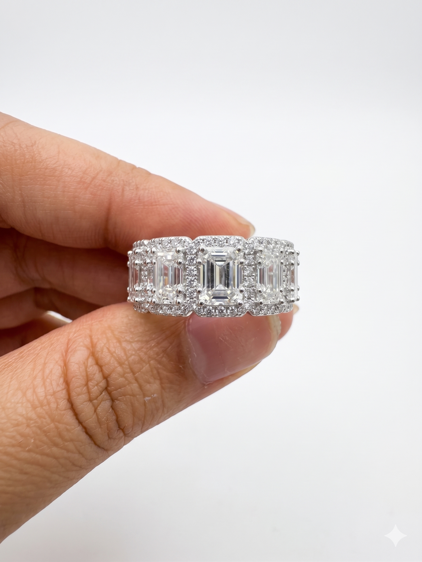 Emerald Cut Moissanite Five Stone Halo Band 3.5CT | GRA Certified