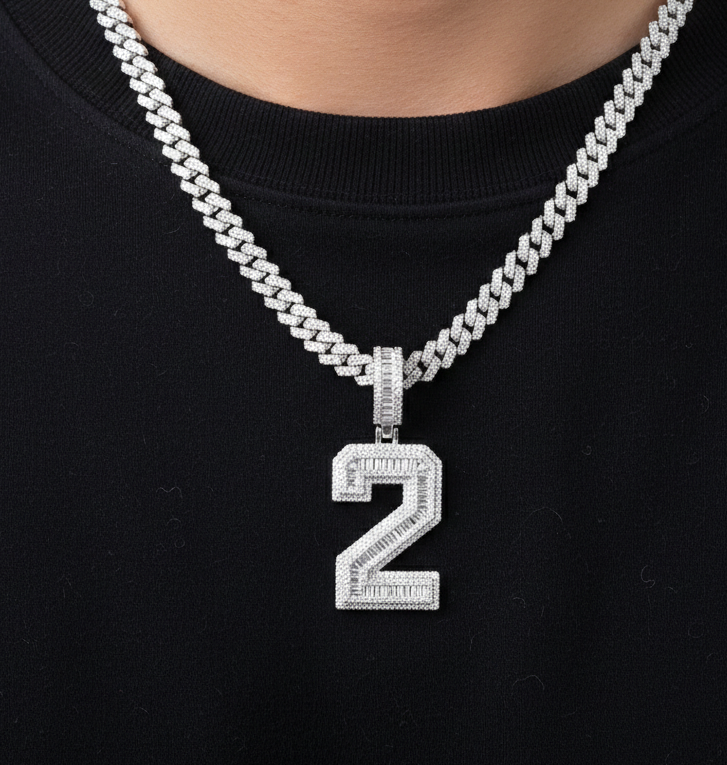 Custom Moissanite Baguette Number Pendant | 3ct VVS D Color | 925 Silver | Iced Out