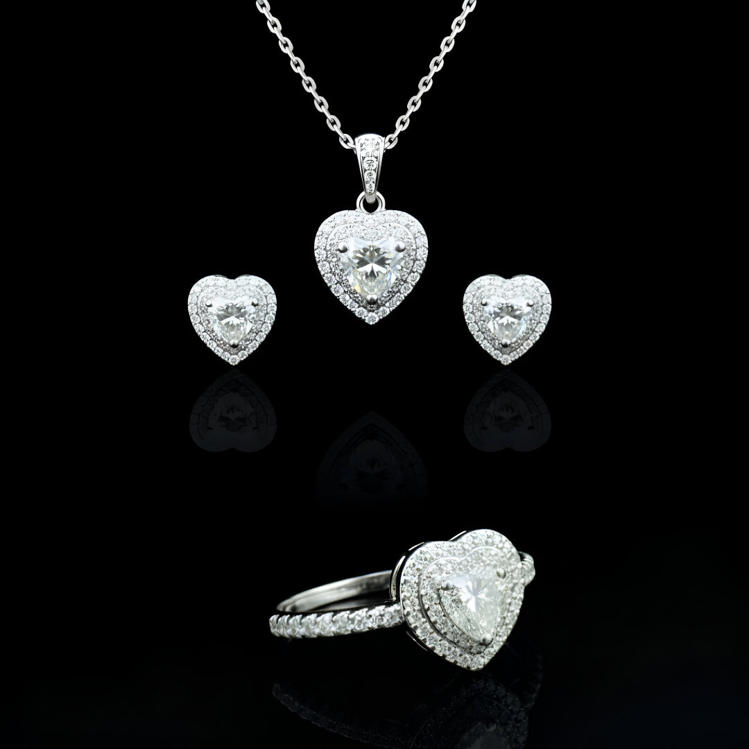 Heart Shape Halo style Moissanite Diamond VVS D Color with Real 925 Silver Women's Set 4.00 Carat - 4 Piece Jewelry Set (Stud Earrings and Necklace and Ring) |  PASS DIAMOND TESTER!!!