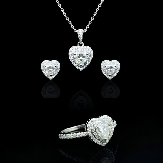 Heart Shape Halo style Moissanite Diamond VVS D Color with Real 925 Silver Women's Set 4.00 Carat - 4 Piece Jewelry Set (Stud Earrings and Necklace and Ring) |  PASS DIAMOND TESTER!!!