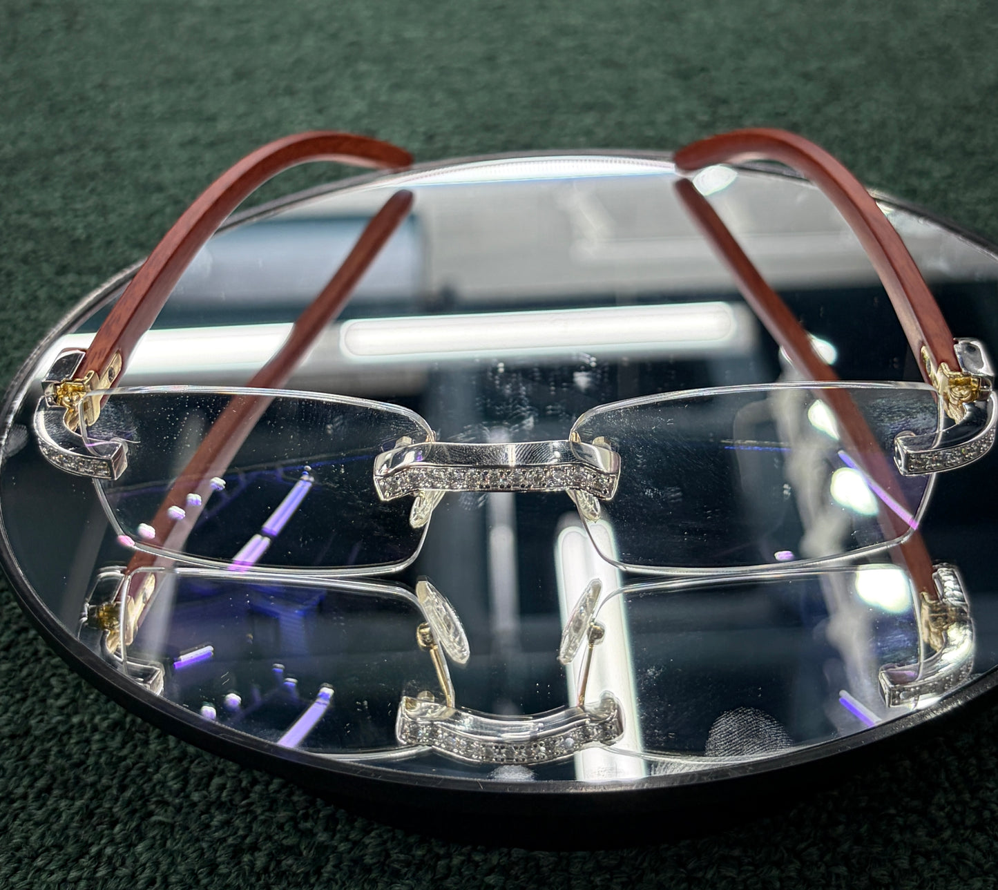 Iced Out Moissanite Glasses with Wood Temple Arms | 2.5ct VVS D Color | 925 Sterling Silver | Hip Hop Eyewear | Passes Diamond Tester