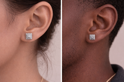 Moissanite iced out square stud earrings 8MM screw back VVS D color GRA certified 925 silver — Paradise Gems Atlanta