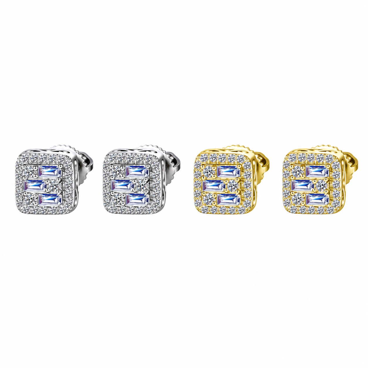 Moissanite Triple Baguette Halo Earrings 1CT — 14K Gold VVS D Color GRA Certified 925 Silver