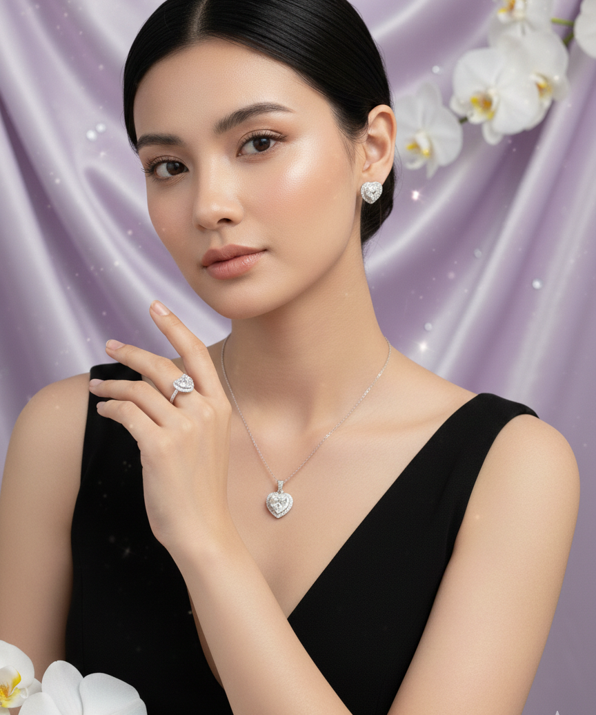 Woman wearing moissanite 3-piece elegant jewelry set VVS D color ring earrings necklace – Paradise Gems