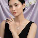 Woman wearing moissanite 3-piece elegant jewelry set VVS D color ring earrings necklace – Paradise Gems
