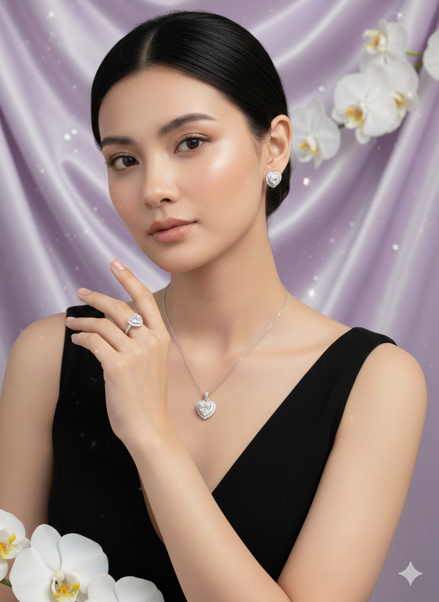 Woman wearing moissanite 3-piece elegant jewelry set VVS D color ring earrings necklace – Paradise Gems