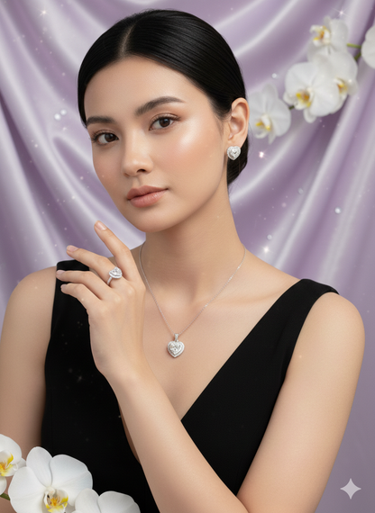 Woman wearing moissanite 3-piece elegant jewelry set VVS D color ring earrings necklace – Paradise Gems